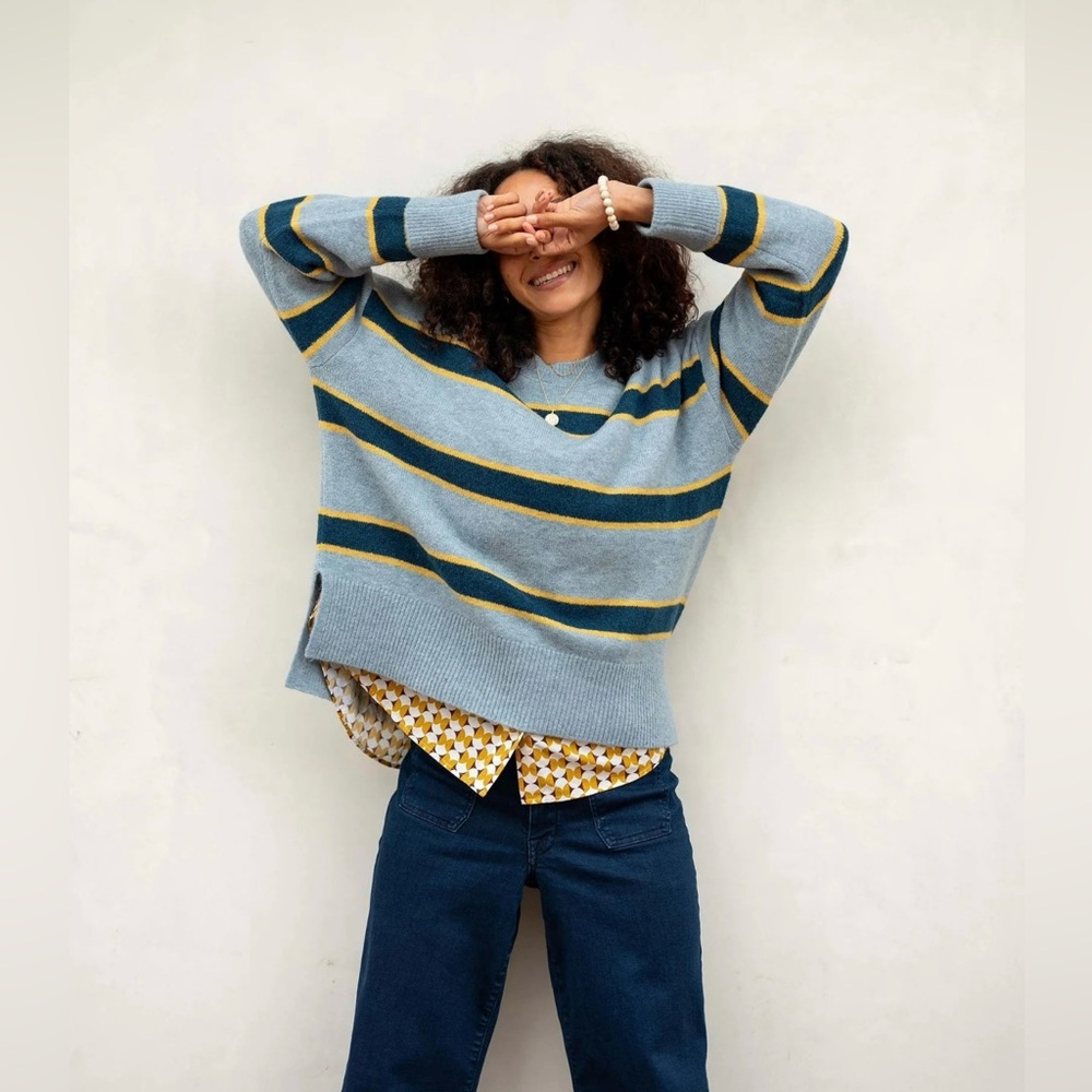Mersea Voyageur Keeper Sweater Crew Neck Oversized Blue & Yellow Striped XS